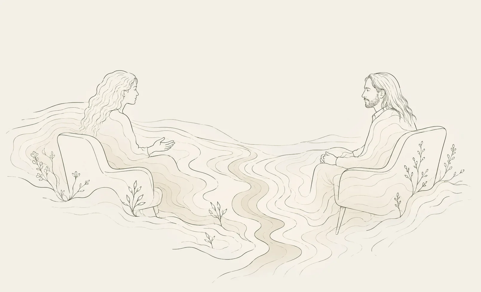 Two people in conversation, rendered as a delicate line illustration.